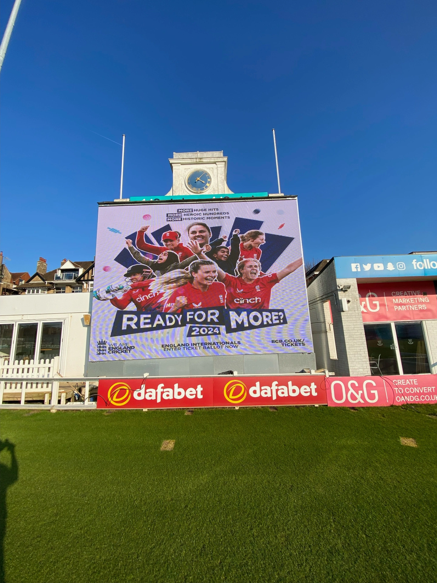 Brighton Cricket — LED scoreboard displaying England Cricket 2024 international fixtures campaign, demonstrating high-resolution full-colour playback in daylight
