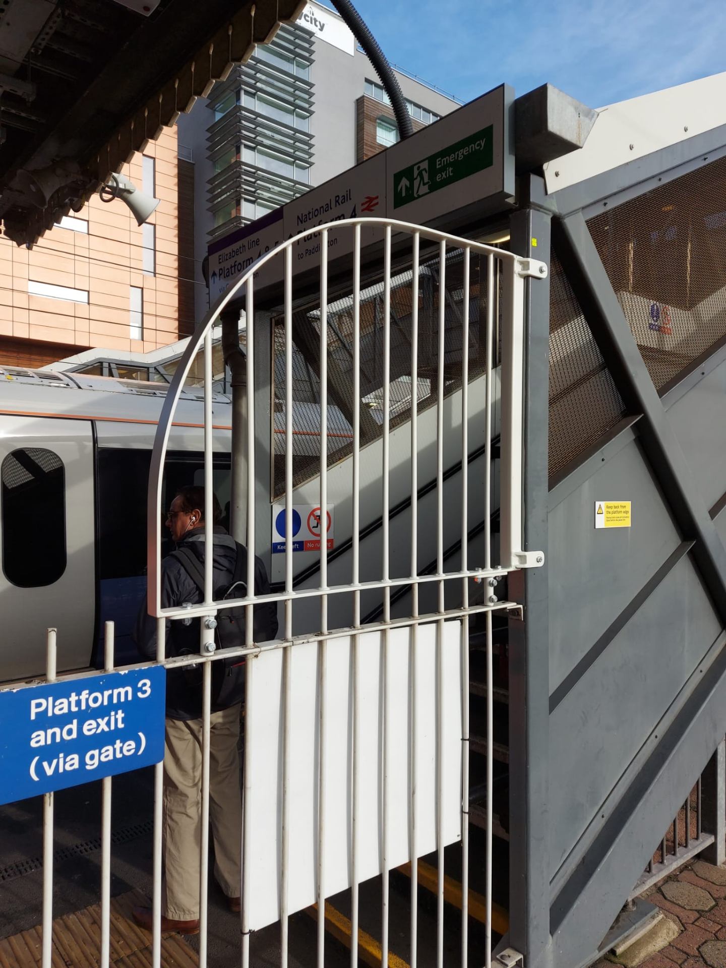 Railway Safety Barrier — installed platform-end pedestrian gate at a National Rail / Elizabeth Line interchange